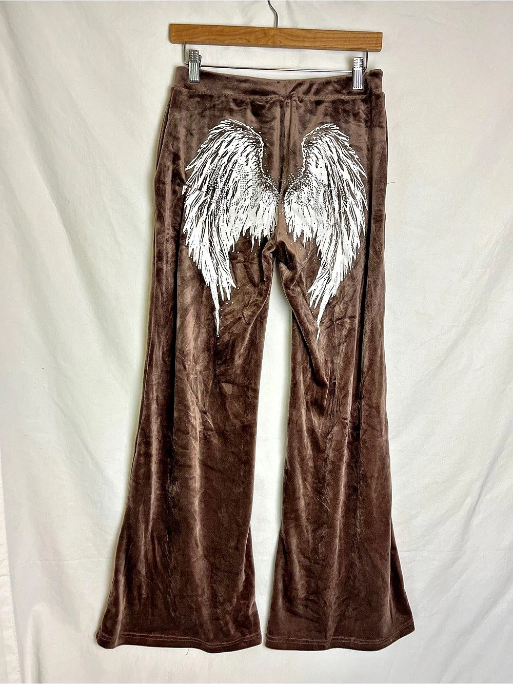 NWT Playboy Brown Velour Angel Wing Flare Pants Y2K Rhinestone